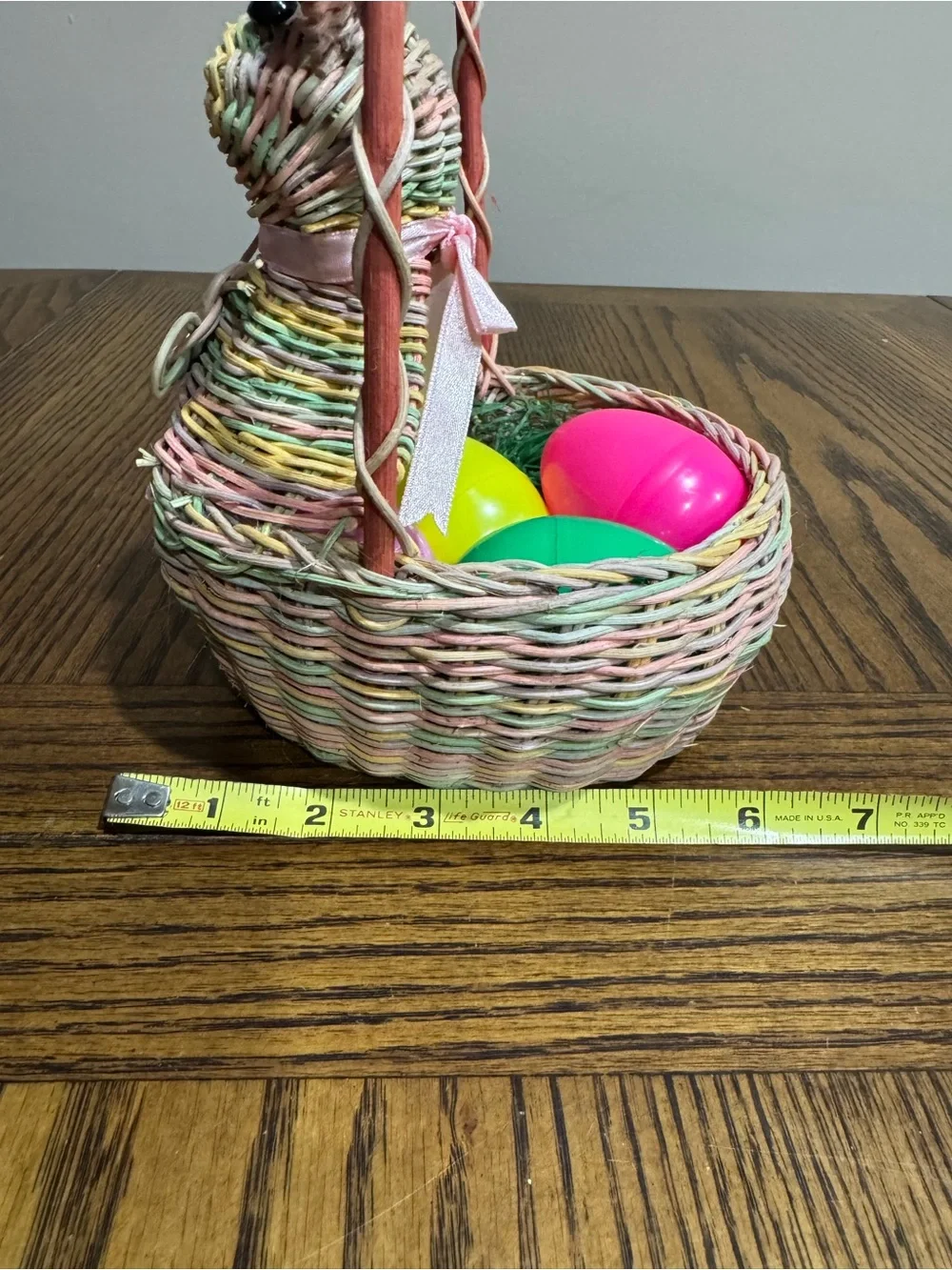 Woven Pastel Bunny Basket with pink, green, yellow & lavender eggs Easter decor